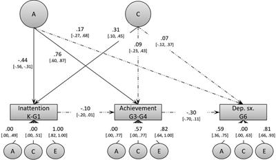 Inattention, academic underachievement, and depressive symptoms: uncovering environmental and genetic pathways from middle to late childhood